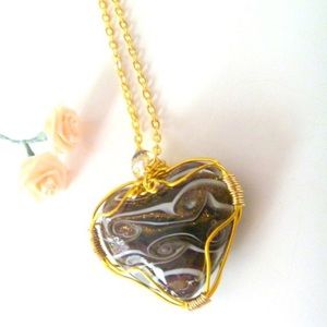 Brown murano glass heart pendant necklace wirewrap